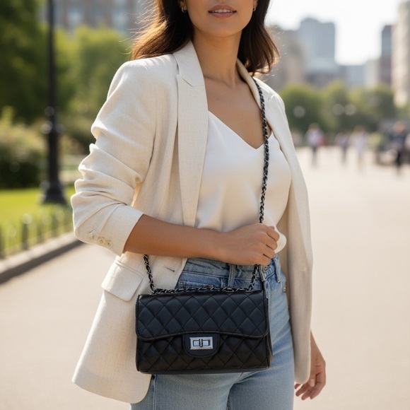 Handbags - Elegant Black Quilted Women's Bag